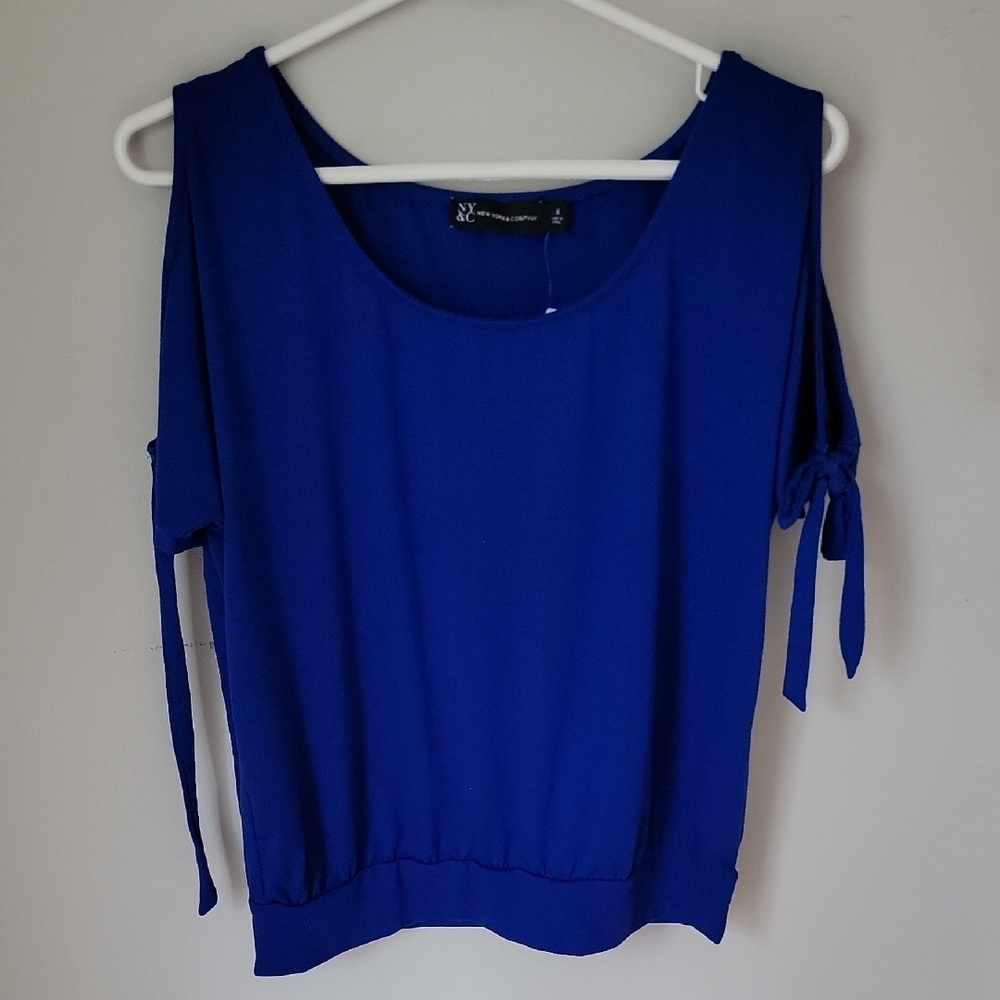 NY&C Women's Blue Cold Shoulder Tie-sleeve Top NWT Size S